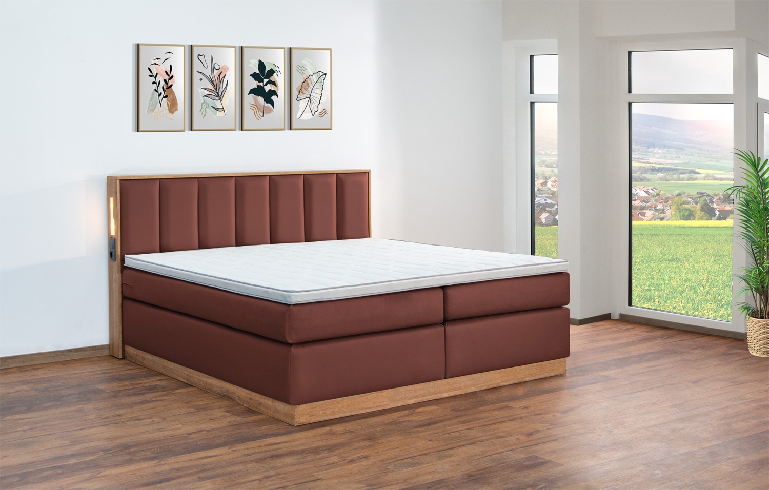 Meisterbetten Boxspringbett Sely mit Holzdekor Eiche Cognac 200x200 in LM-Hellbraun, Matratzenbezug Nano, Midisoft-Topper Bild 1
