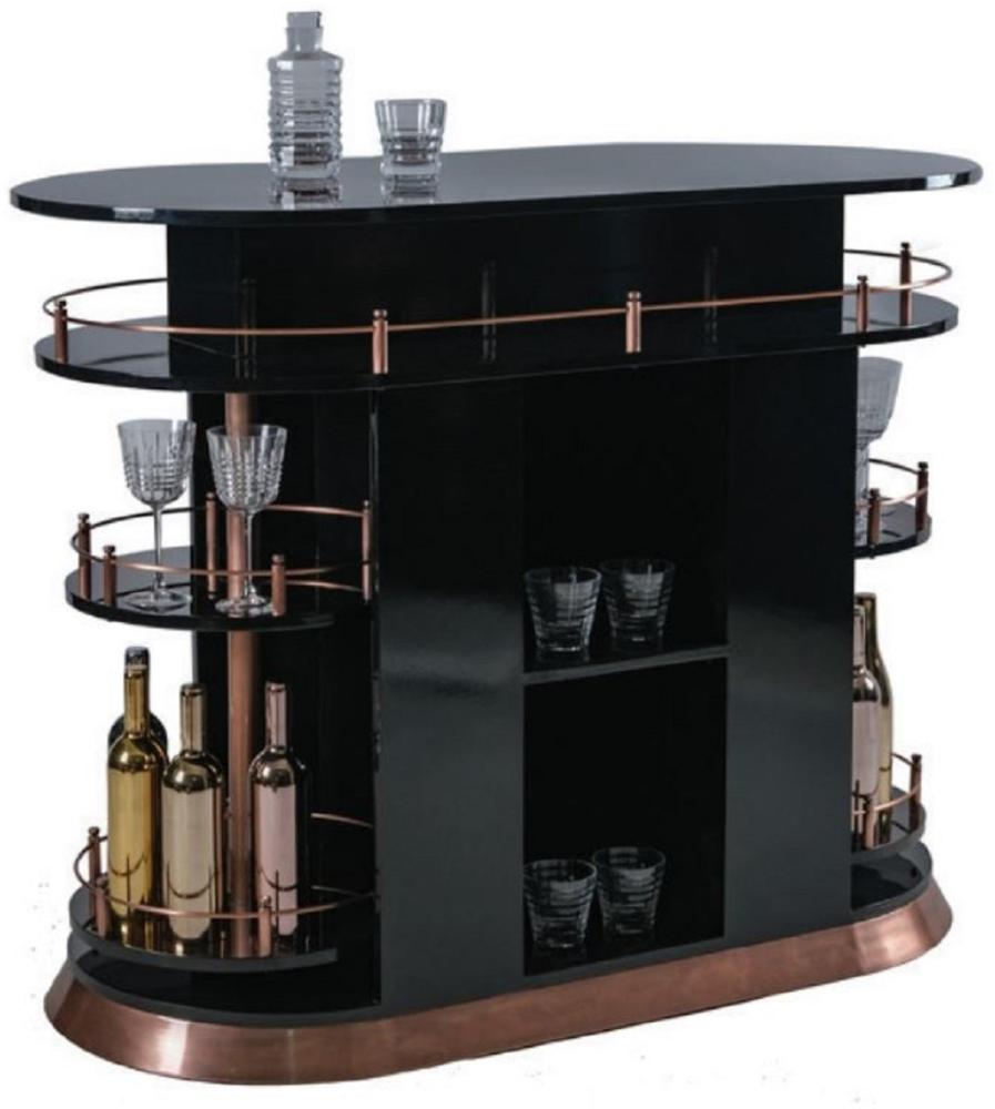 Casa Padrino Luxus Bar Theke Hochglanz Schwarz / Kupfer 135 x 65 x H. 106 cm - Ovaler Massivholz Thekentisch - Massivholz Barmöbel - Luxus Barmöbel - Luxus Möbel Bild 1