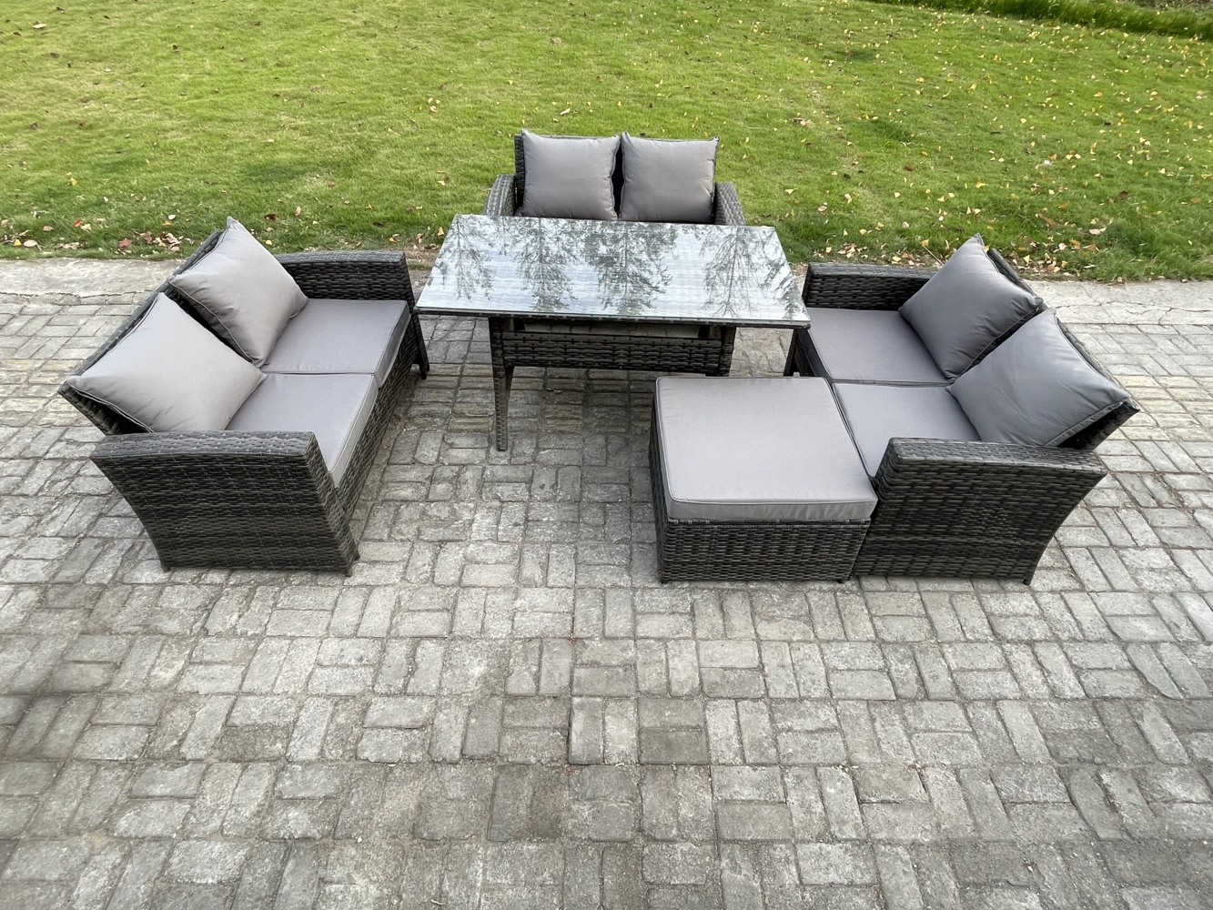 Fimous 7 Sitzer Polyrattan Gartenmöbel Set Terrassen Set mit Esstisch Doppelsitzsofa Großer Fußhocker Bild 1
