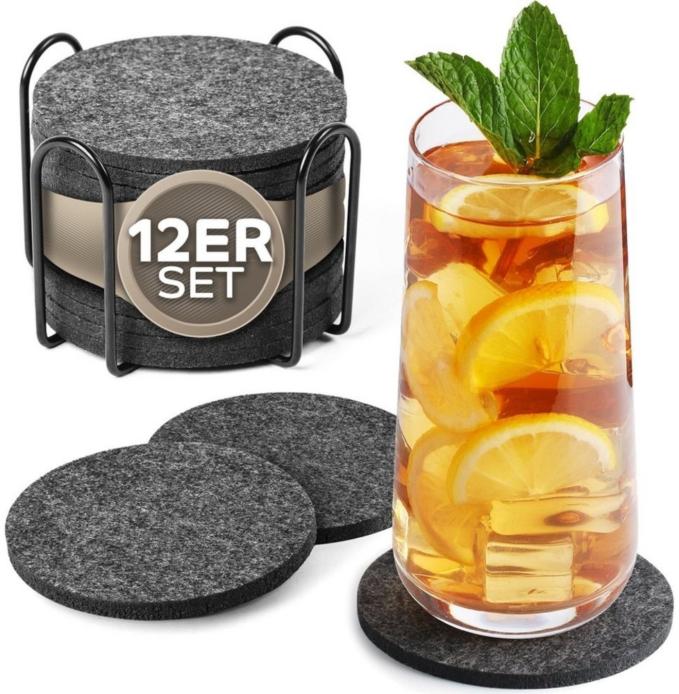 Loco Bird Getränkeuntersetzer 12er Set inkl. Halterung rund aus Filz, Zubehör für Getränke, Tassen, Bar, Glas, Design Glasuntersetzer in dunkelgrau, Tischuntersetzer Filzuntersetzer Bild 1