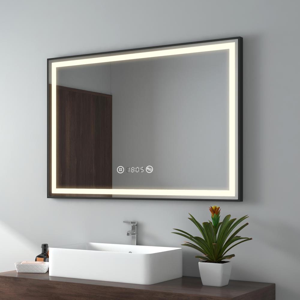 EMKE Badspiegel mit Beleuchtung 100x70cm Badspiegel Schwarzer Rand LED Badezimmerspiegel mit Touch, Antibeschlage, Uhr, Temperatur, Dimmbar, Memory-Funktion, Neutrale Beleuchtung Wandspiegel IP44 Bild 1