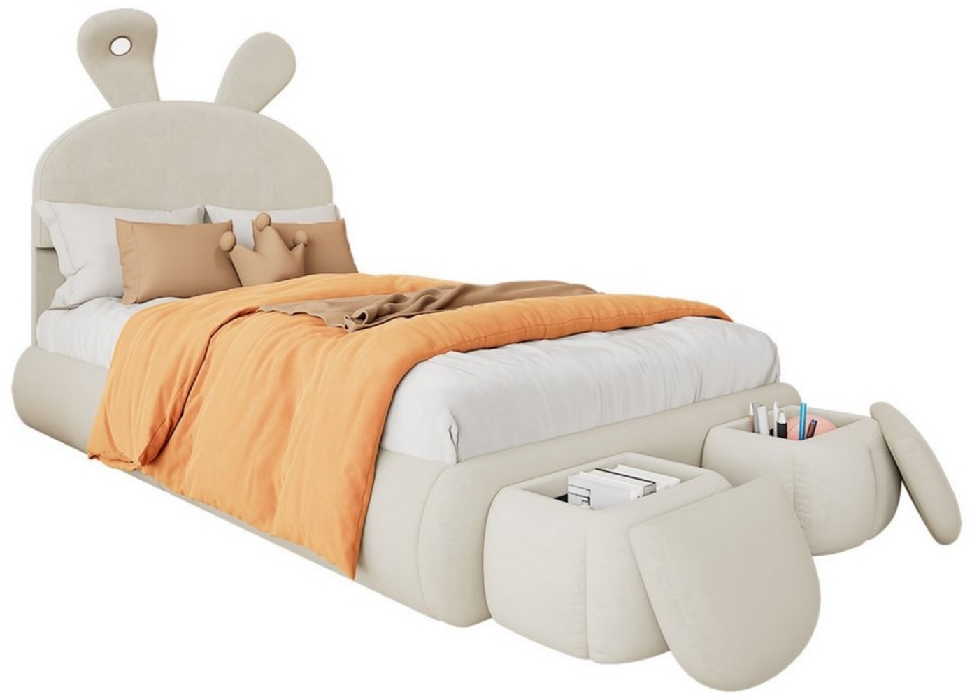 OKWISH Kinderbett Funktionsbett Stauraumbett Polsterbett (Hasenohren mit einstellbarer Helligkeit warmfarbenen Lichtstreifen, mit zwei Aufbewahrungshockern, Kinderbett mit Holzlatten 90x200 cm), ohne Matratze Bild 1