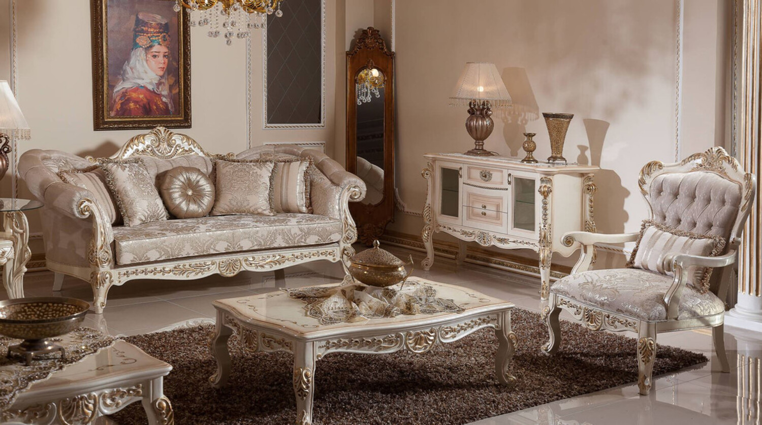 Casa Padrino Luxus Barock Wohnzimmer Set Grau / Silber / Weiß / Gold - 2 Barock Sofas & 2 Barock Sessel & 1 Barock Couchtisch - Wohnzimmer Möbel im Barockstil - Barock Möbel - Barock Einrichtung Bild 1