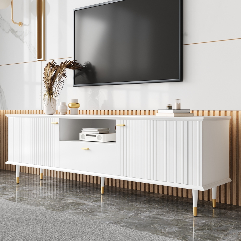TV-Schrank Weiß 170cm mit Türen, Schublade und offenem Fach aus MDF mit goldenen Metallbeinen und Griffen Bild 1