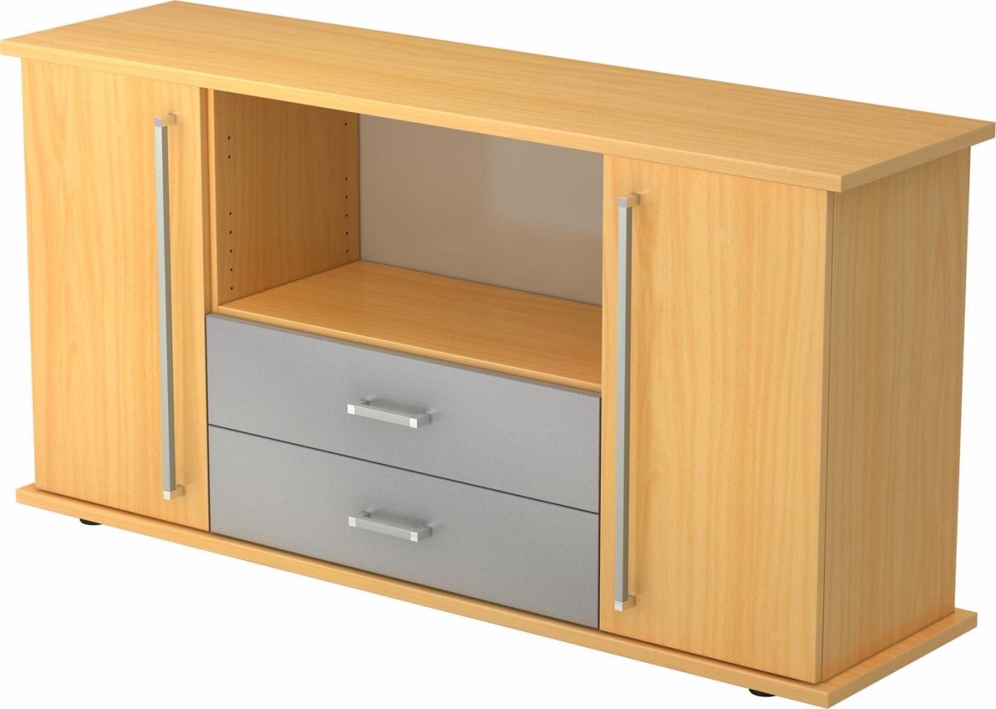 bümö Sideboard Buche mit Flügeltüren & Regal - Büromöbel Sideboard mit Schubladen Holz 166cm breit, 45cm schmal, Büro Schrank für Flur oder als Wohnzimmer-Kommode mit Chromgriff, SBTS-6-6-CE Bild 1