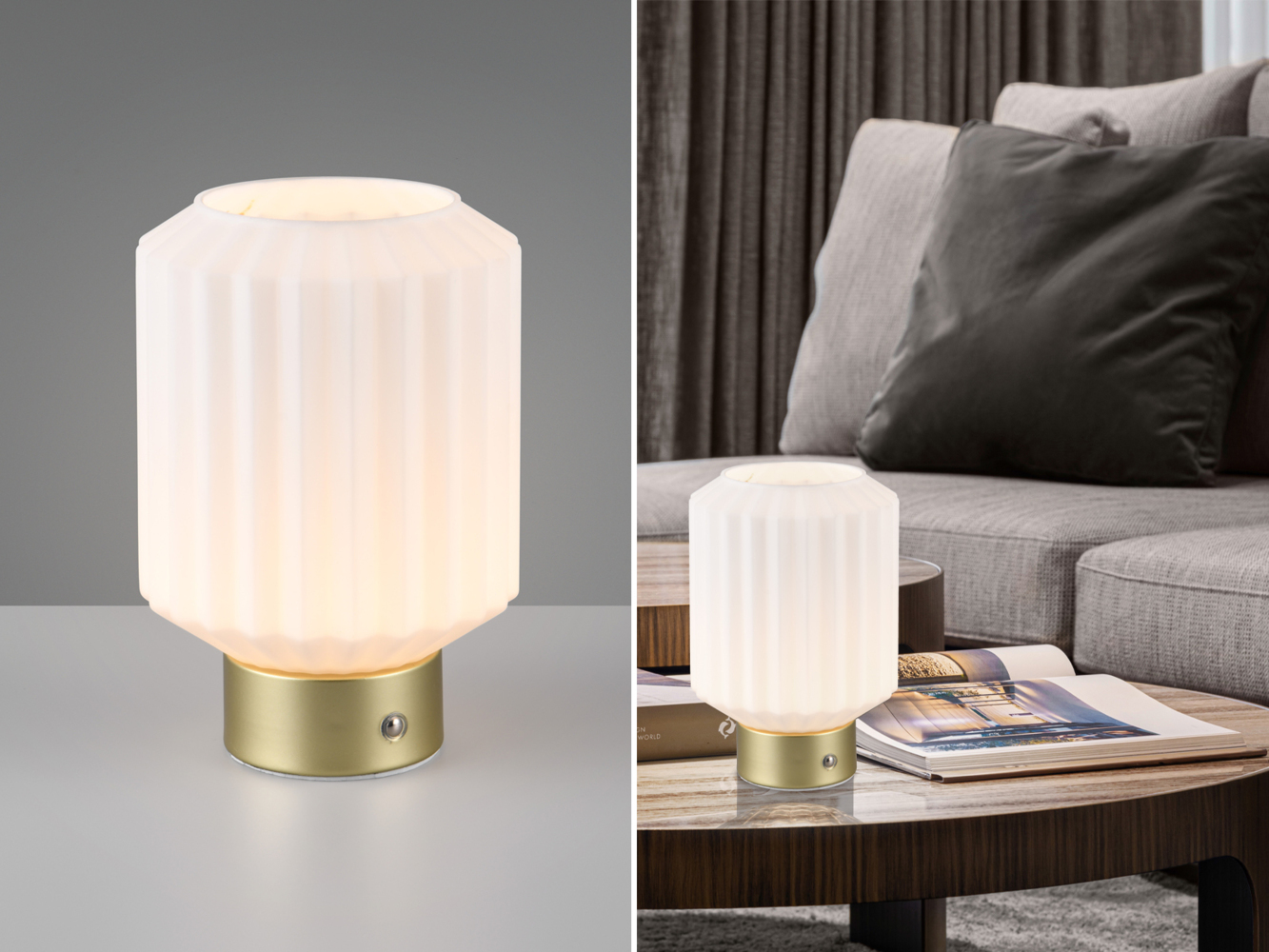 Kleine Akku Tischleuchte LORD mit Glas Lampenschirm Weiß, Höhe 19cm Bild 1