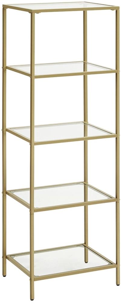 Vasagle Standregal, Bücherregal, Badregal, 5 Ebenen, Küchenregal, schmal, Regal, Badezimmerregal, für Wohnzimmer, Schlafzimmer, Arbeitszimmer, Hartglas, Stahlgestell, goldfarben Bild 1