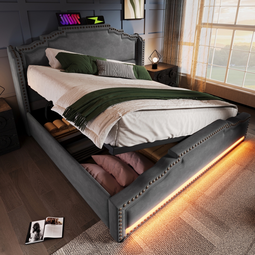 Polsterbett Vintage Bett mit hydraulischem Stauraum, LED-Beleuchtung und USB-C-Ladeanschluss, 160×200cm, ohne Matratze Bild 1