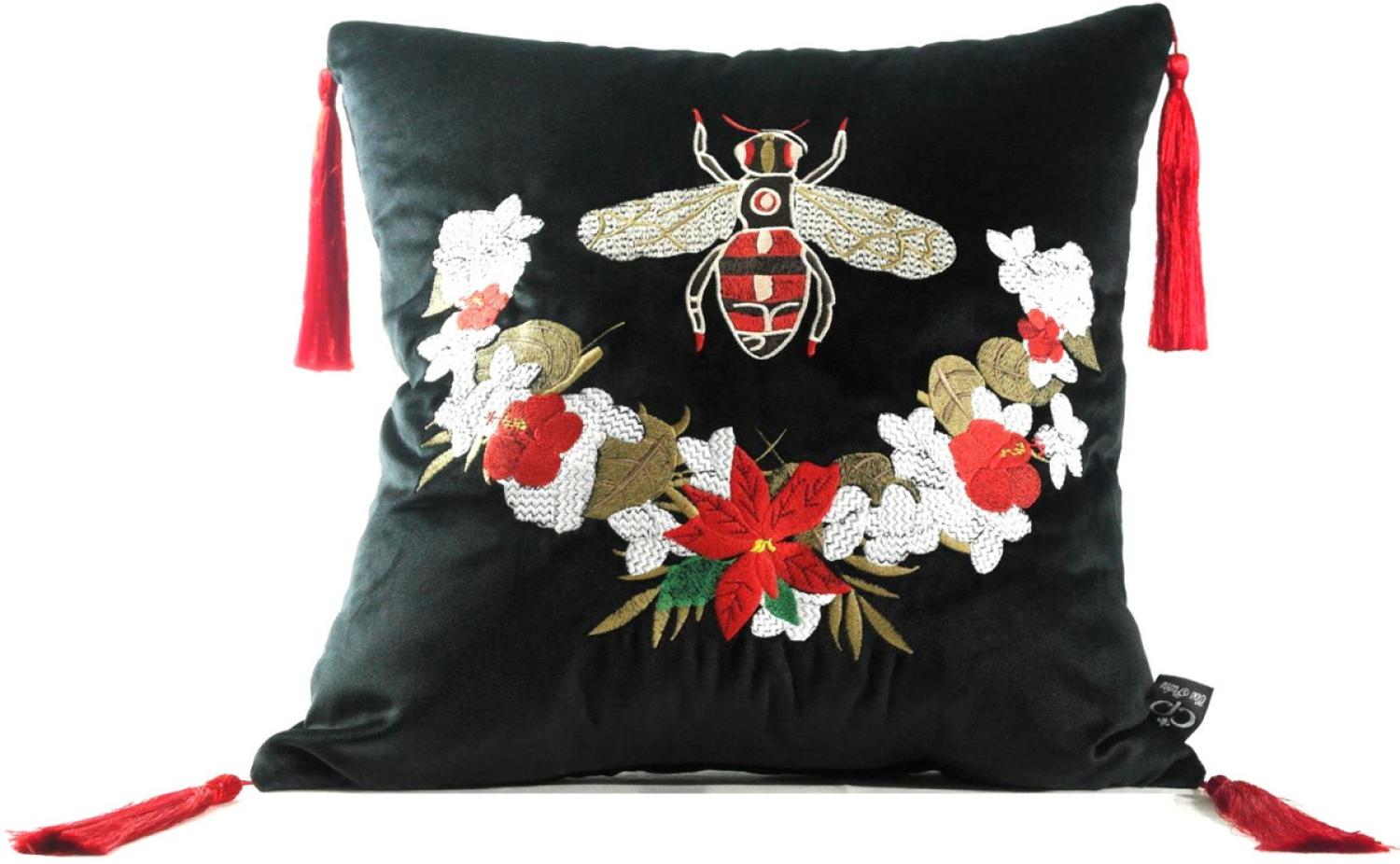 Casa Padrino Luxus Deko Kissen mit Troddeln Bee Schwarz / Mehrfarbig 45 x 45 cm - Feinster Samtstoff - Luxus Deko Accessoires Bild 1