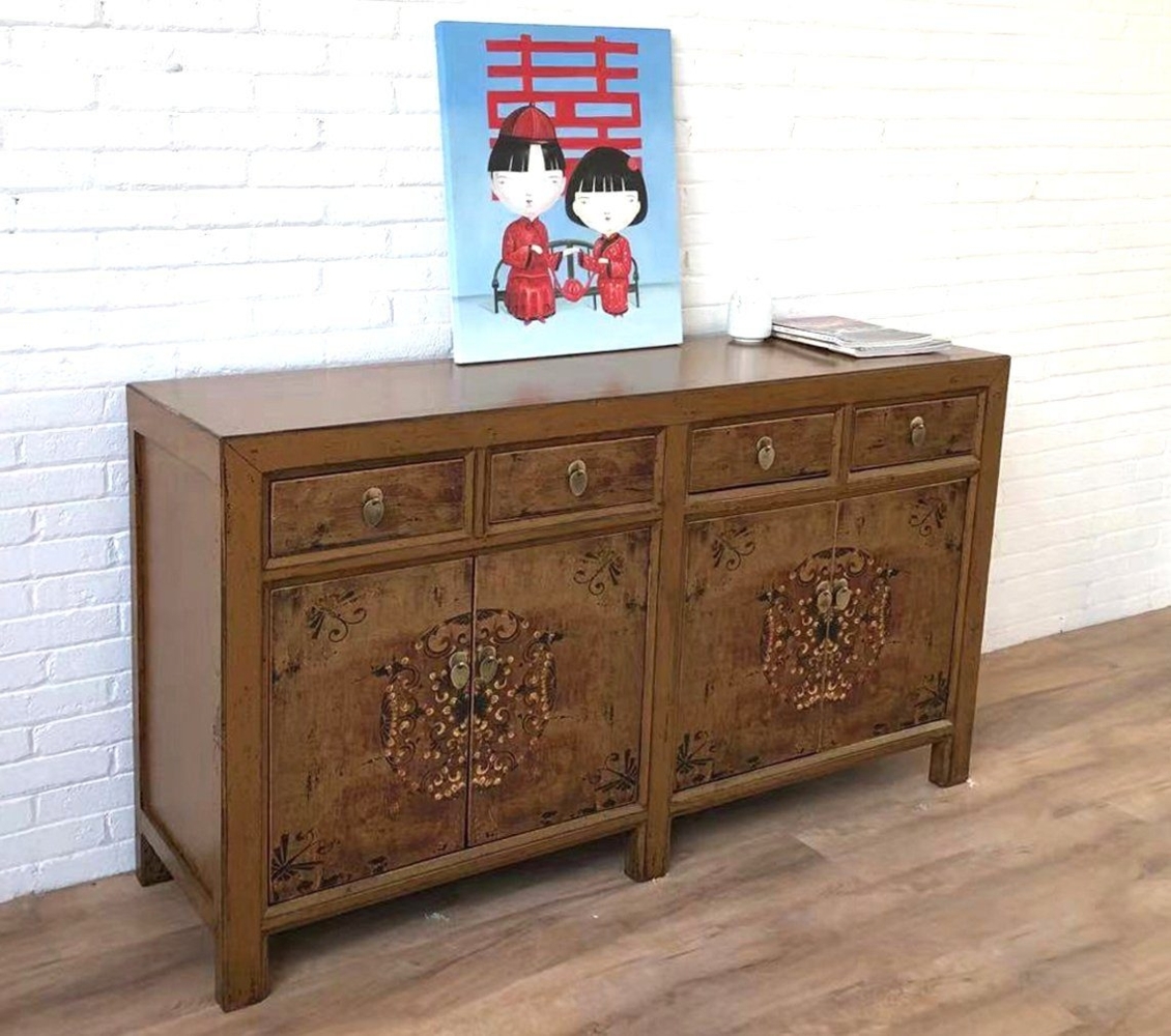 Chinesisches Sideboard braun vintage verziert Schrank Kommode Kolonial-Stil Antik-Stil Lowboard asiatisch orientalisch Fernost shabby-chic Landhaus Bild 1