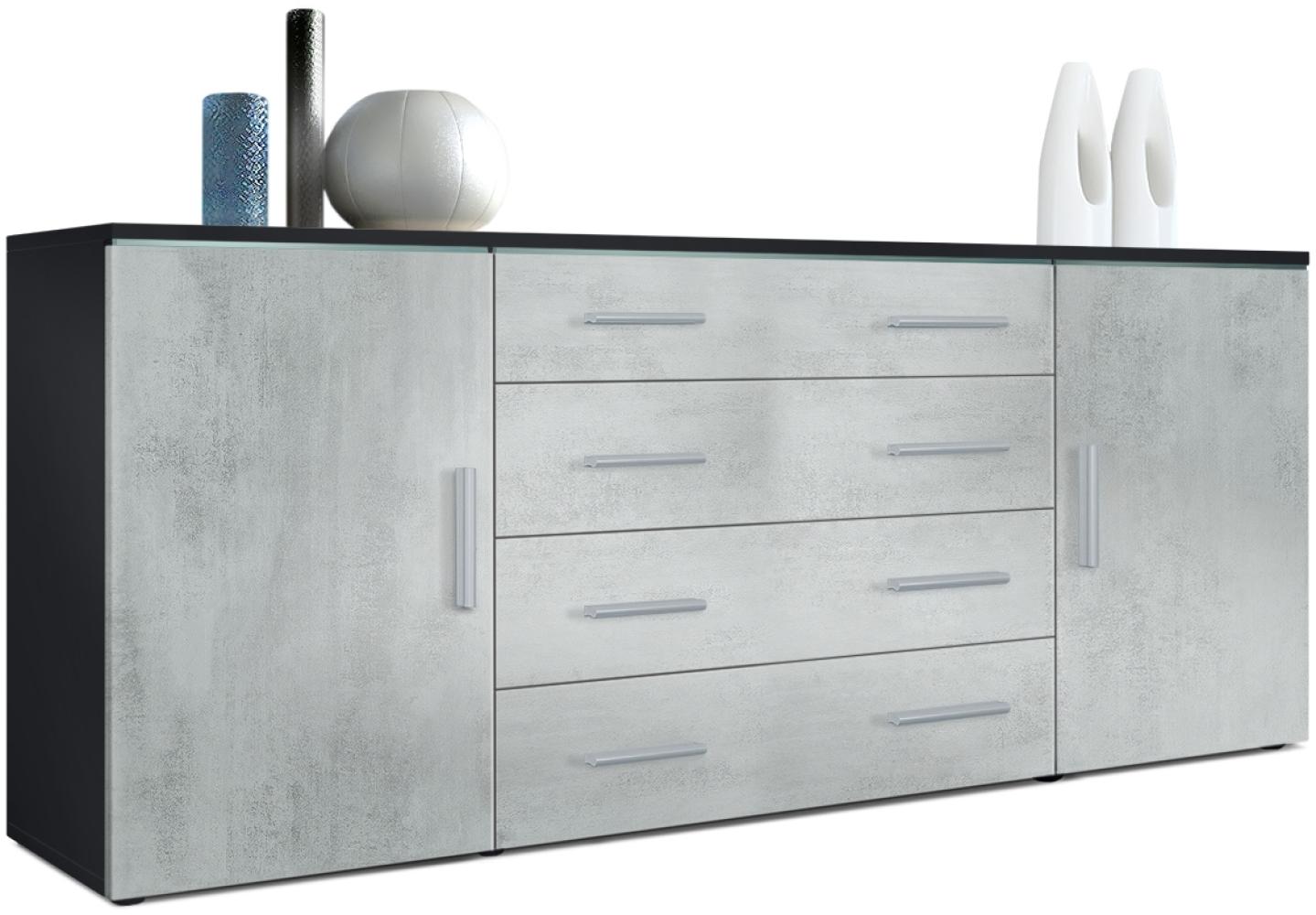 Vladon Sideboard Faro V2, Kommode mit 2 Türen und 4 Schubladen, Schwarz matt/Beton Oxid Optik (166 x 72 x 35 cm) Bild 1