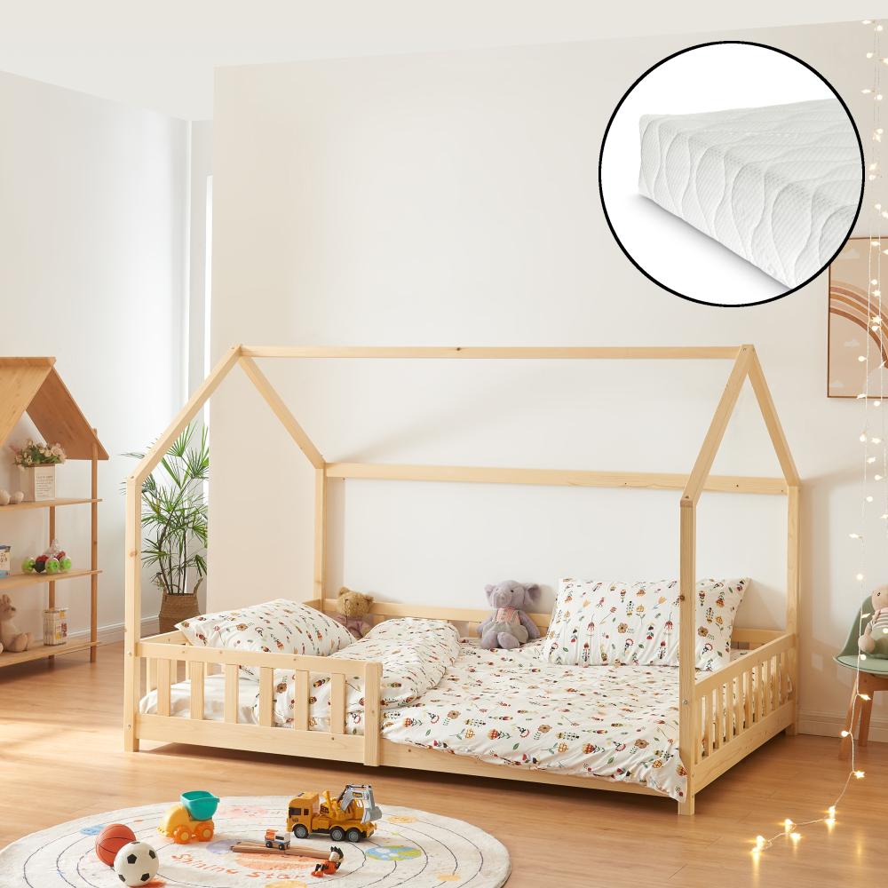 Hausbett Hesel, Kinderbett, Lattenrost und Matratze, Holzoptik, 140x200 cm Bild 1