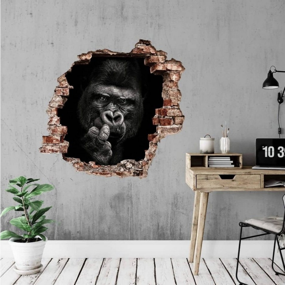 K&L Wall Art Wandtattoo 3D Wandtattoo Meermann Safari Tiere Gorilla schwarz weiß Silberrücken, Mauerdurchbruch Wandbild selbstklebend Bild 1