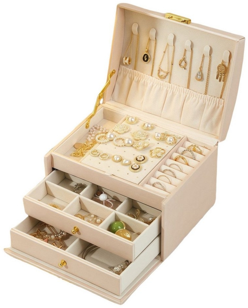 PFCTART Schmuckkasten Hochwertige Leder Schmuckkasten Desktop-Schublade Schmuck Organizer (Dunkelgrün/Beige/Hellrosa), Mit Tragegriff Multi-Öffnung Hardware Scharnier Bild 1