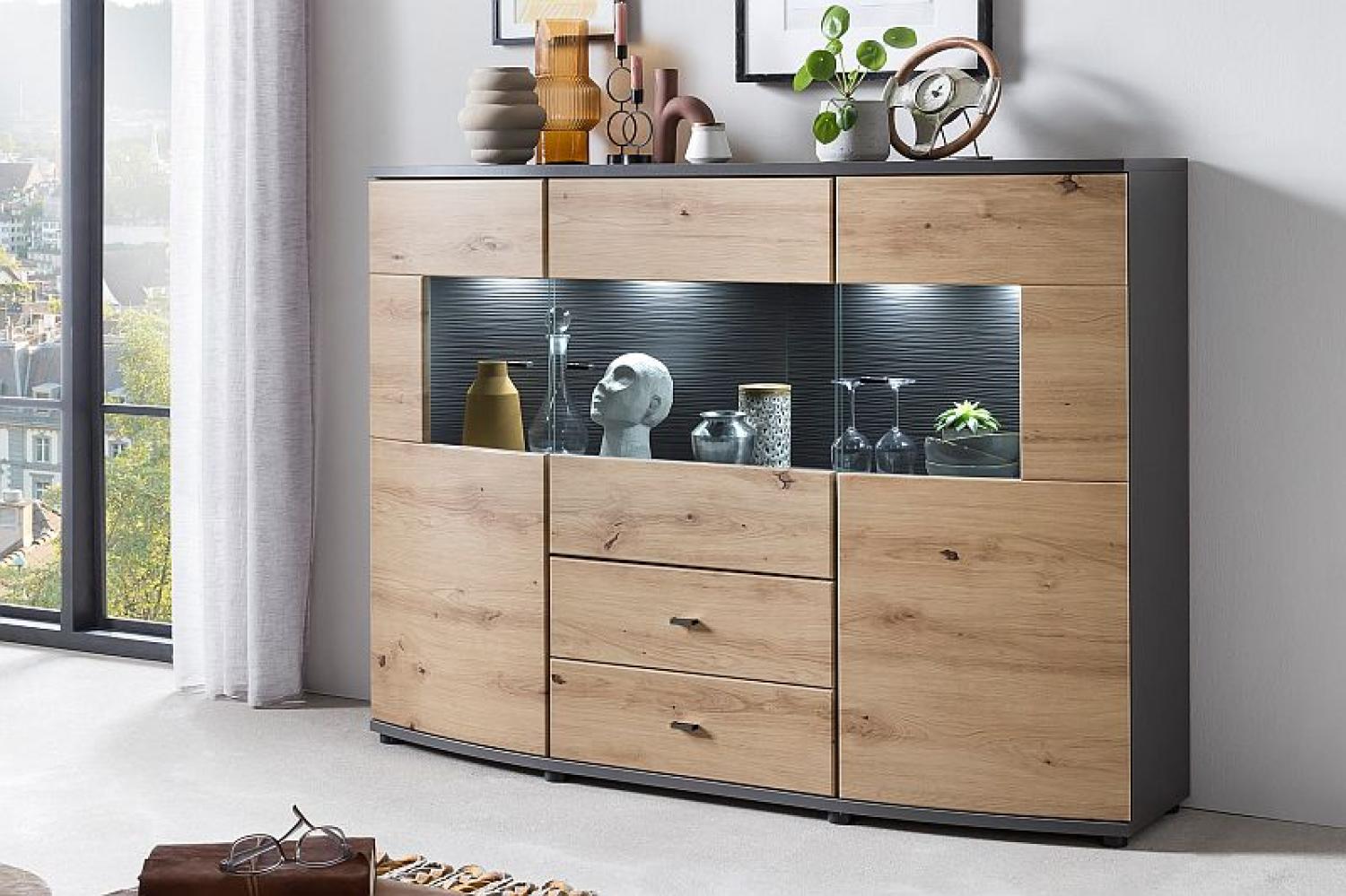 FLORI 081 Highboard Artisan Eiche MDF Tiefgezogen Korpus:Anthrazit/Ohne LED Beleuchtung ohne Beleuchtung Bild 1