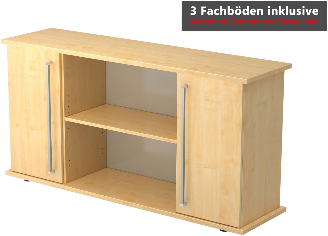 bümö Sideboard Ahorn mit Flügeltüren & Regal - Büromöbel Sideboard Holz 166cm breit, 45cm schmal, Büro Schrank für Flur oder als Wohnzimmer-Kommode mit Relinggriffen, SB2T-3-3-RE Bild 1