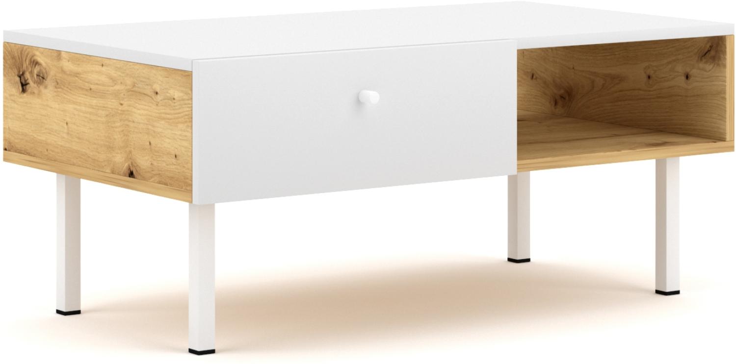 Domando Couchtisch Teramo Modern für Wohnzimmer Breite 90cm, mit hohen Metallfüßen, Artisan Eiche und Weiß Matt Bild 1