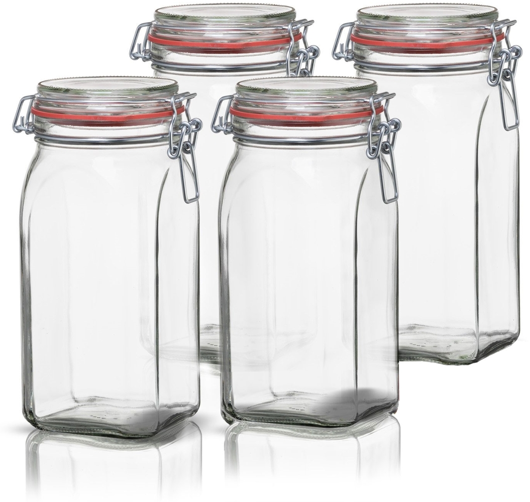 BigDean 4er Set Vorratsgläser 1,5L - Einmachgläser mit Bügelverschluss - Made in Germany - Drahtbügelgläser zum luftdichten Aufbewahren, Einlegen & Einkochen - Glas, eckig Bild 1