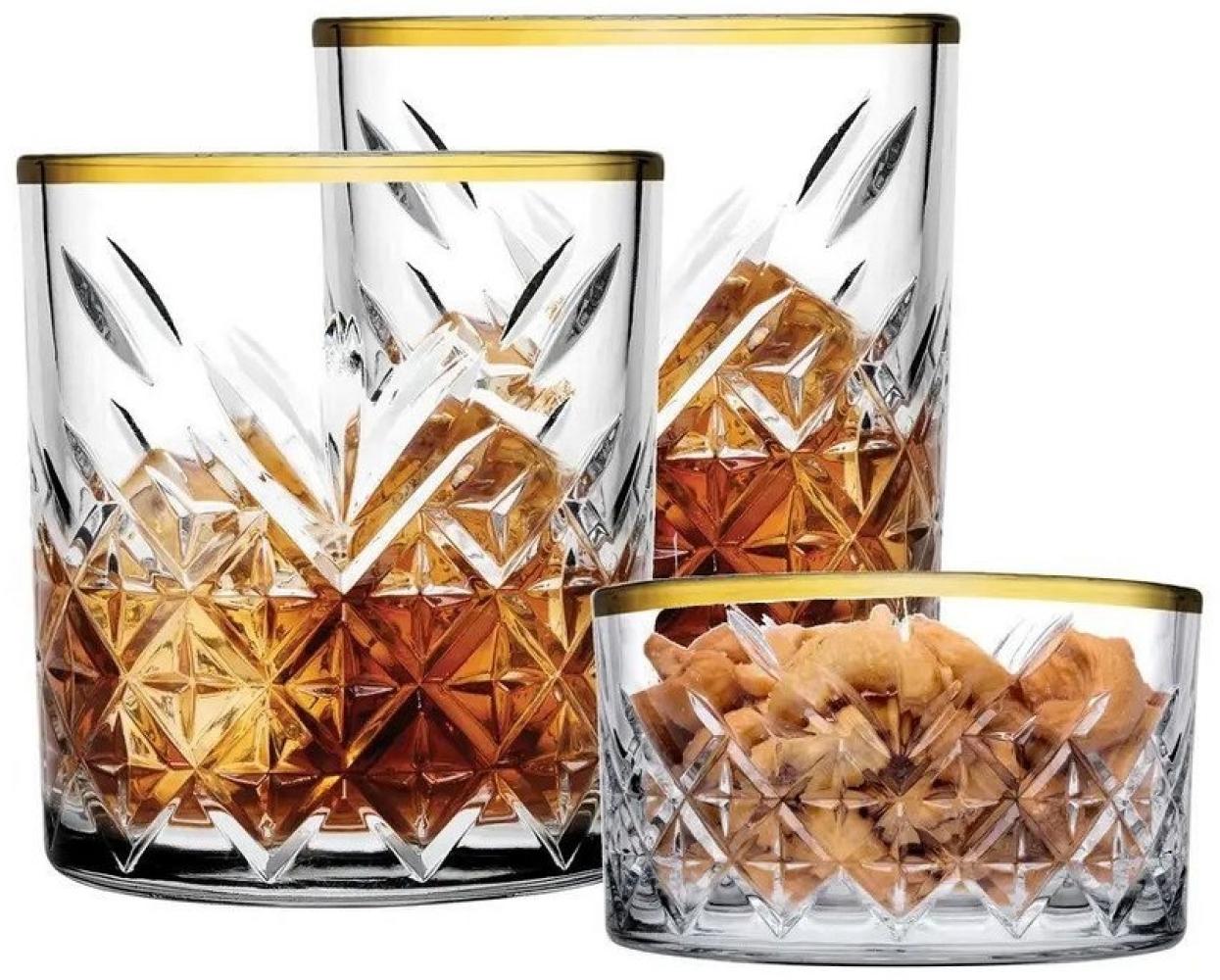 Pasabahce 96818 Timeless Golden Touch 3 teilig im Kristall-Design Retro Design - 2 Whisky Glas und 1 Kristall-Schale Bild 1