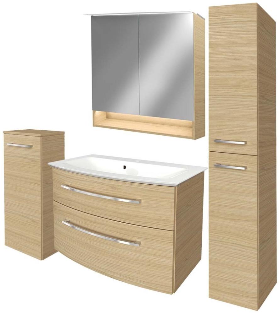 Fackelmann B.STYLE Badmöbel Set 5-teilig, 83cm, Braun + LED-Spiegelschrank + 2 Badschränke Bild 1