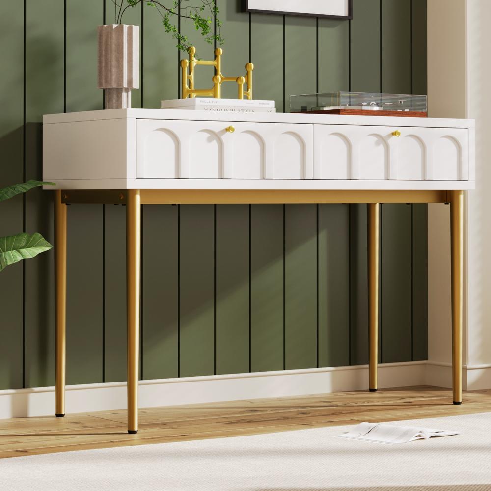 Merax Schminktisch mit 2 Schubladen, Kommode Schlafzimmer Highboard Sideboard Schubladenkommode für Schlafzimmer, Creme-Weiß - H76.5/B100/T45 cm Bild 1