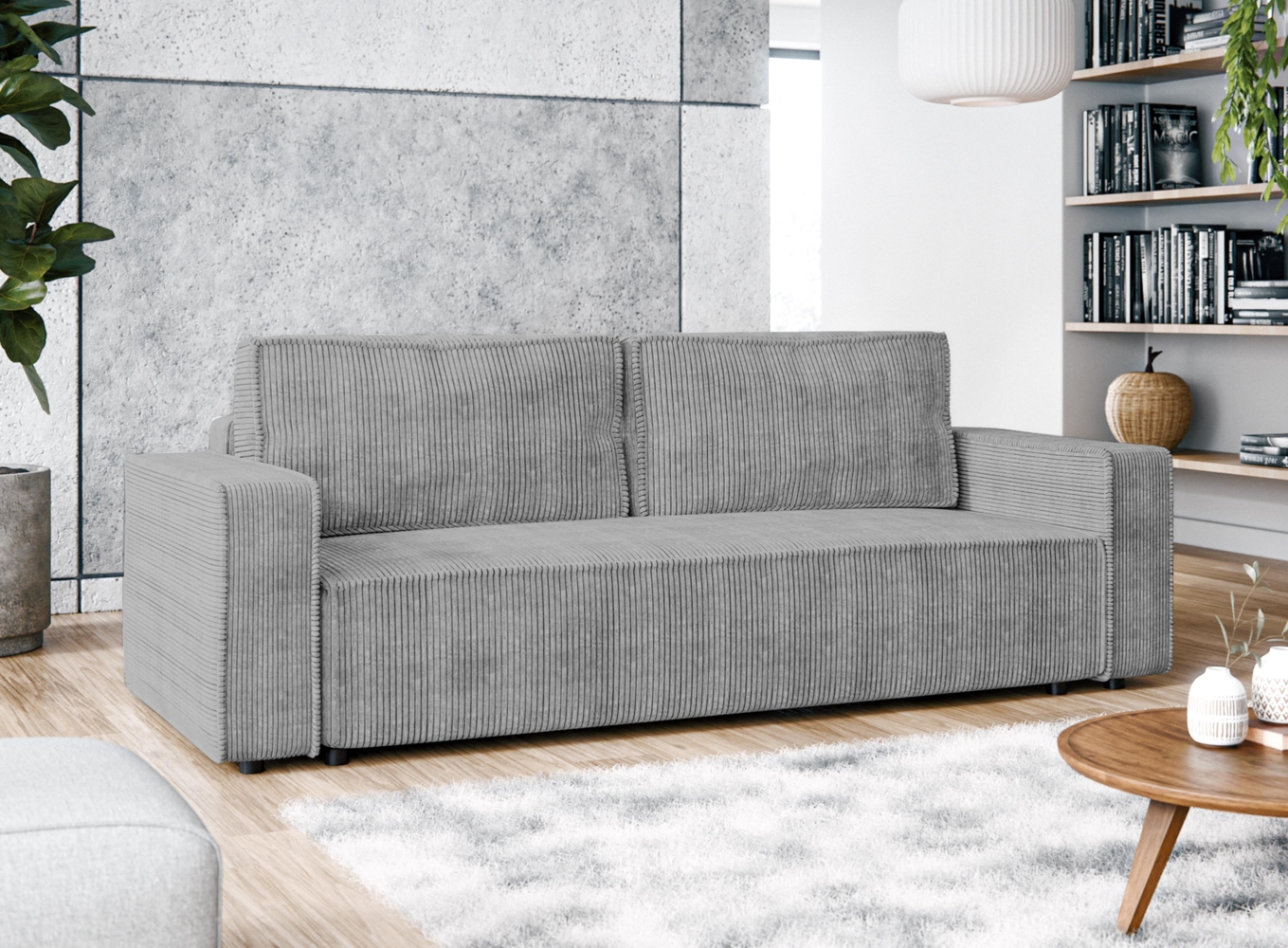 AX LIVING Aydin Cord Sofa 3 Sitzer Sofa mit Schlaffunktion Hellgrau Bild 1
