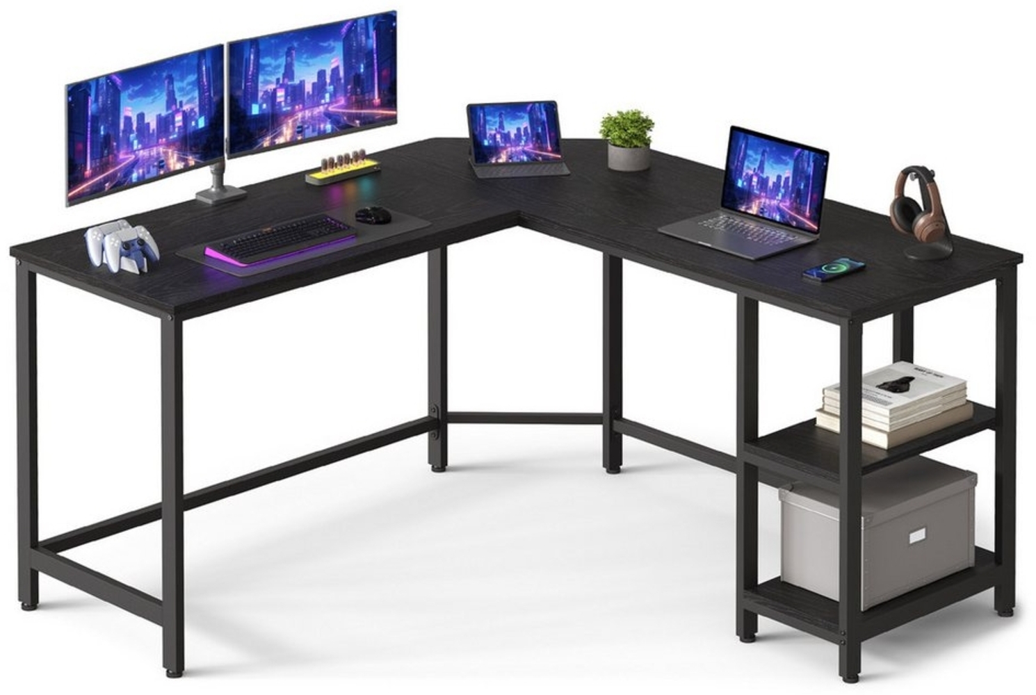 VASAGLE L-förmiger Eckschreibtisch mit 2 Ablagen, Industrie-Design, Schwarz, 138x138x76cm Bild 1
