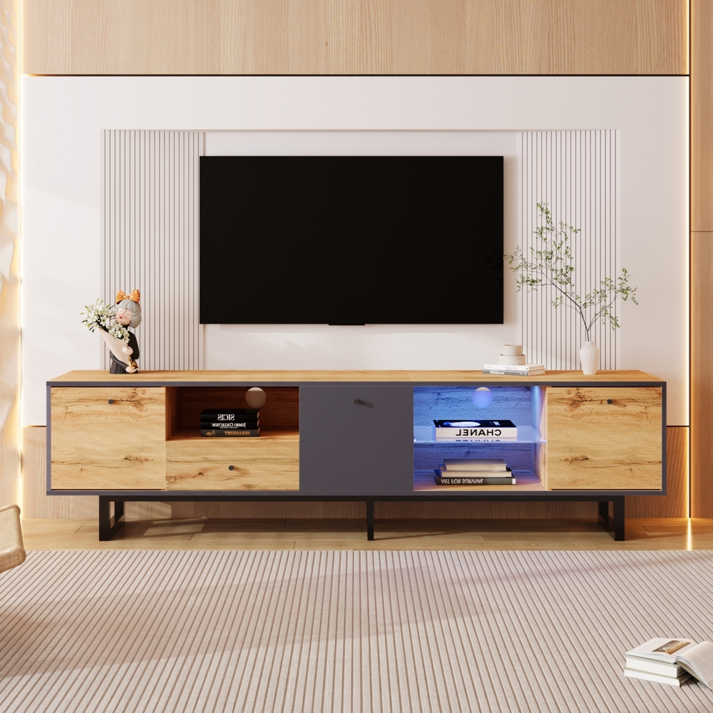 Merax Lowboard, Wohnzimmer-TV-Schrank mit LED-Lichteffekt, Glastrennwand, Pufferscharnier, farblich passendes Design, Holz und Anthrazit Bild 1