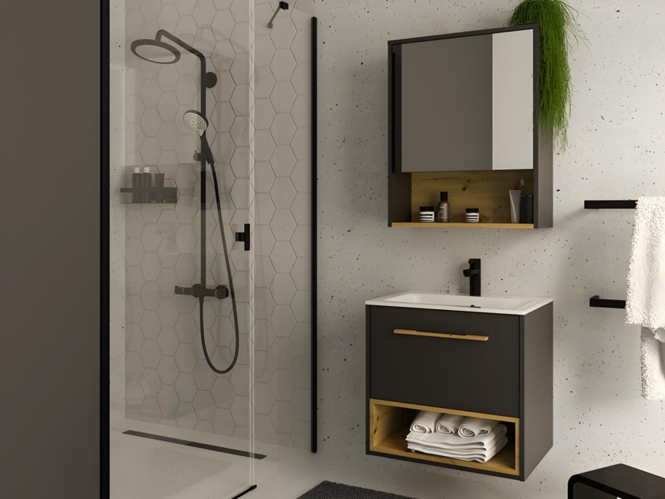 Vente-unique - Waschbeckenunterschrank hängend mit Einbauwaschtisch & Spiegelschrank - Anthrazit - 60 cm - YANGRA Bild 1