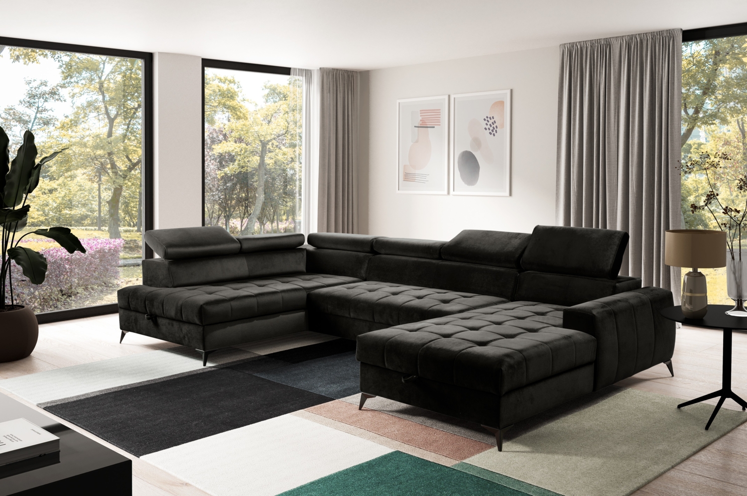 AX LIVING Schwarze Eckcouch mit Schlaffunktion Arkucio U 345cm Breite R Bild 1