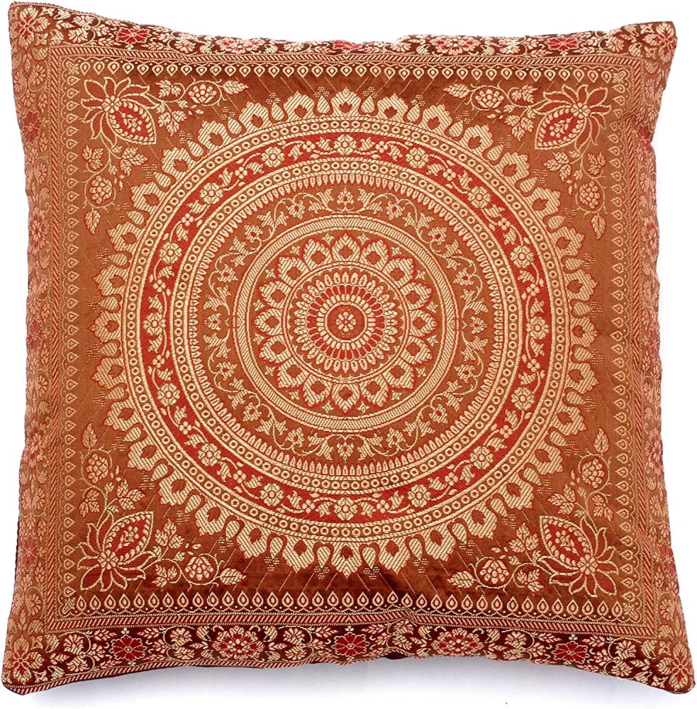 Handgewebt und Handgefertigt Indische Banarasi Seide Kissenbezug, Dekokissen - Mandala Muster mit unsichtbarer Reißverschluss - 40 x 40 cm | 16 x 16 Zoll, Dunkelbraun Bild 1