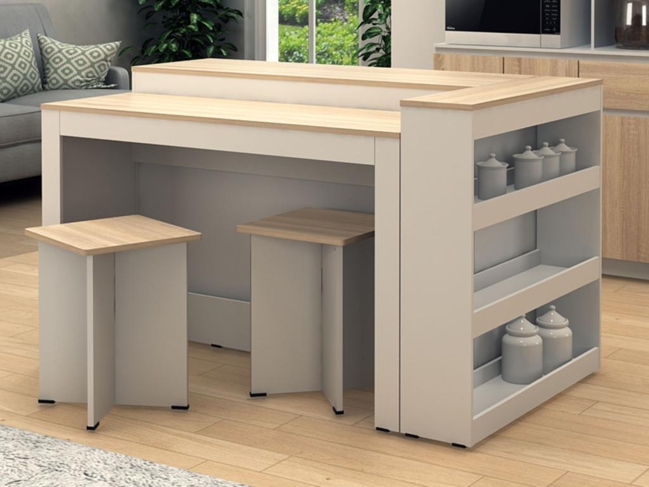 Vente-unique - Set zentrale Kücheninsel + 2 Hocker - Weiß & Holzfarben hell - NUSICE Bild 1