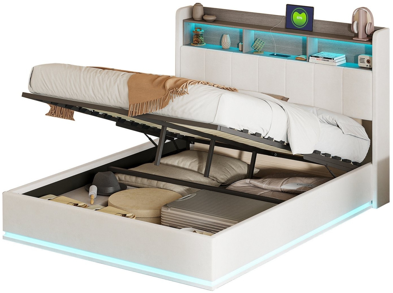 FUROKOY Polsterbett Doppelbett Stauraumbett Hydraulisch anhebbarer USB+Typec und LED-Licht, 140x200 cm,Stauraum,Gepolstert,Weich und bequem,Material Samt,Beige Bild 1