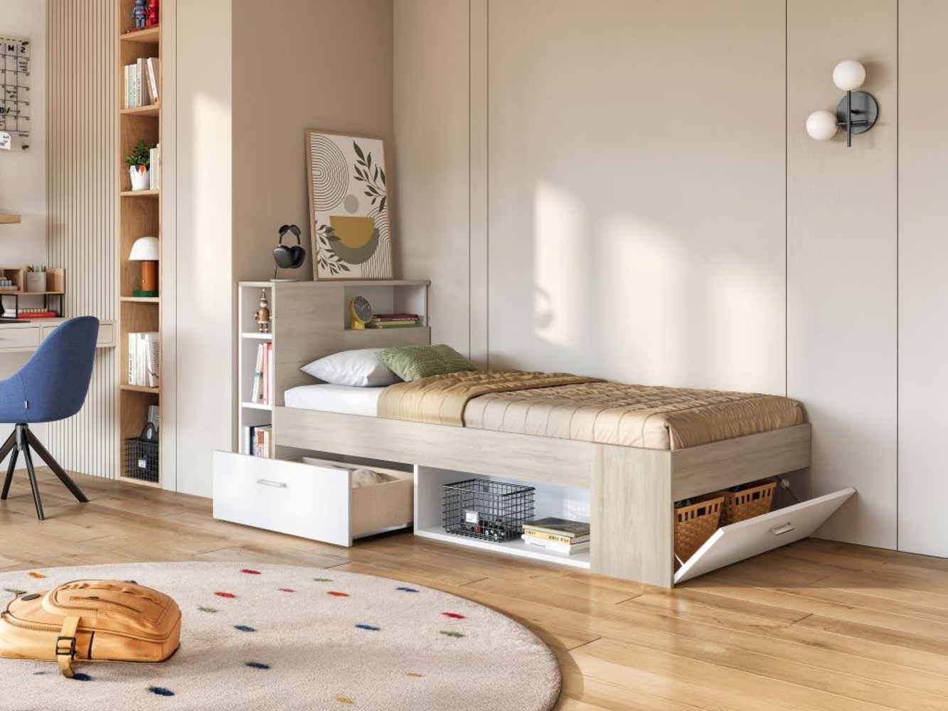 Vente-unique - Bett mit Kopfteil, Stauraum & Schublade - 90 x 190 cm - Weiß & Naturfarben - LEANDRE Bild 1