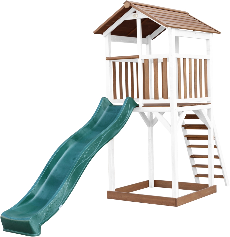 AXI Beach Tower Spielturm aus Holz in Braun & Weiß Spielhaus für Kinder mit grüner Rutsche und Sandkasten | Braun, Weiß, Grün | Holz | 349 cm Bild 1