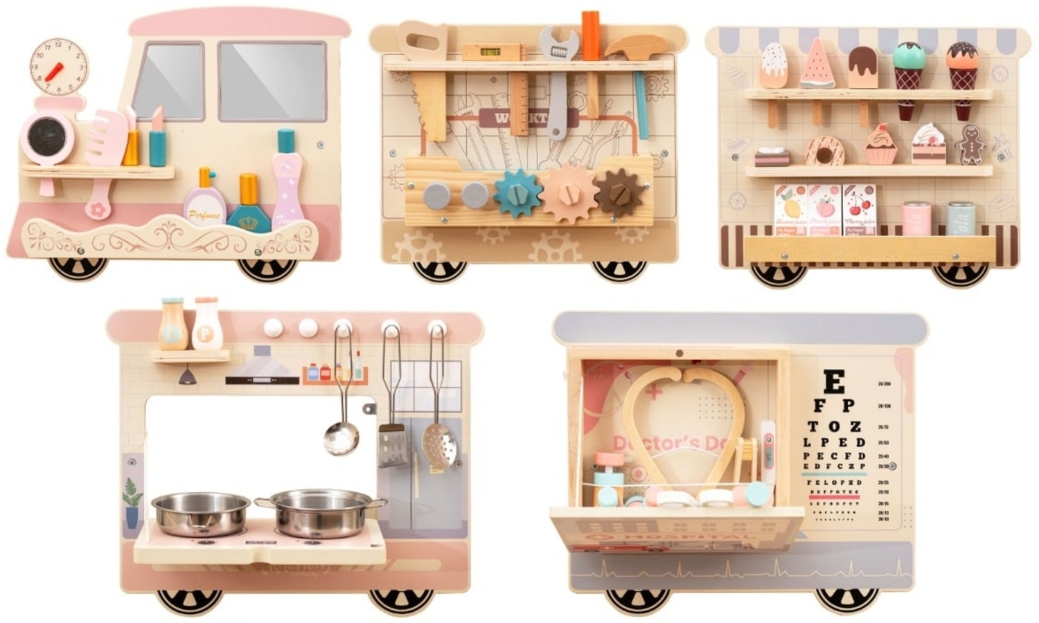 Busy board im Zugform für Kinder Wandmontiertes Activity Board mit Kommode Werkzeugkasten Spielküche Bunt Bild 1