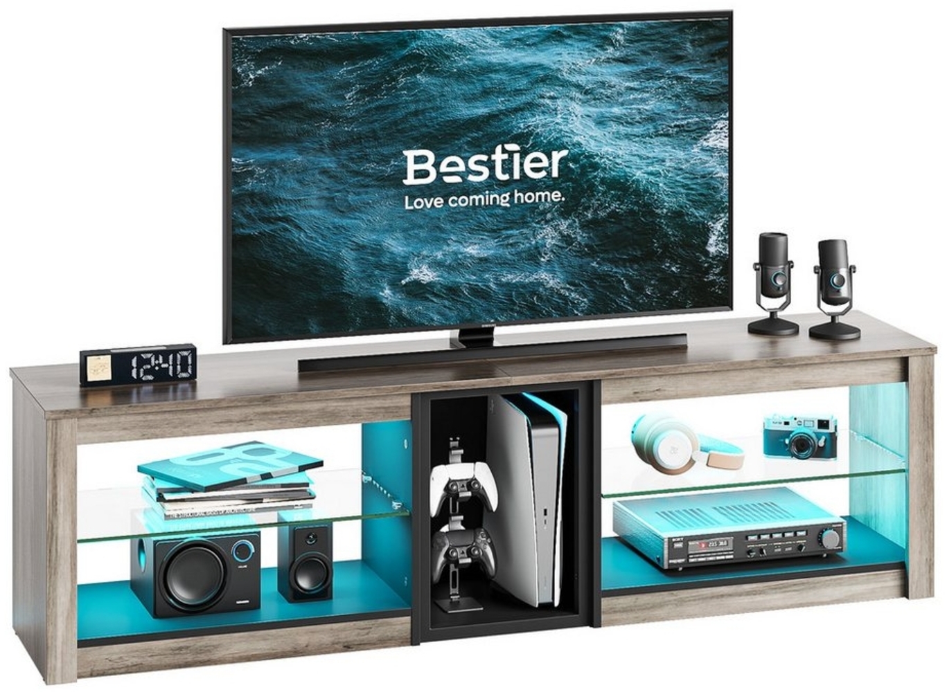 Bestier Lowboard TV-Schrank, Fernsehschrank mit RGB-LED, 160cm TV-Board (Gaming-TV-Konsolen mit Glasregalen), für Wohnzimmer 70“ TV, PS5 Bild 1