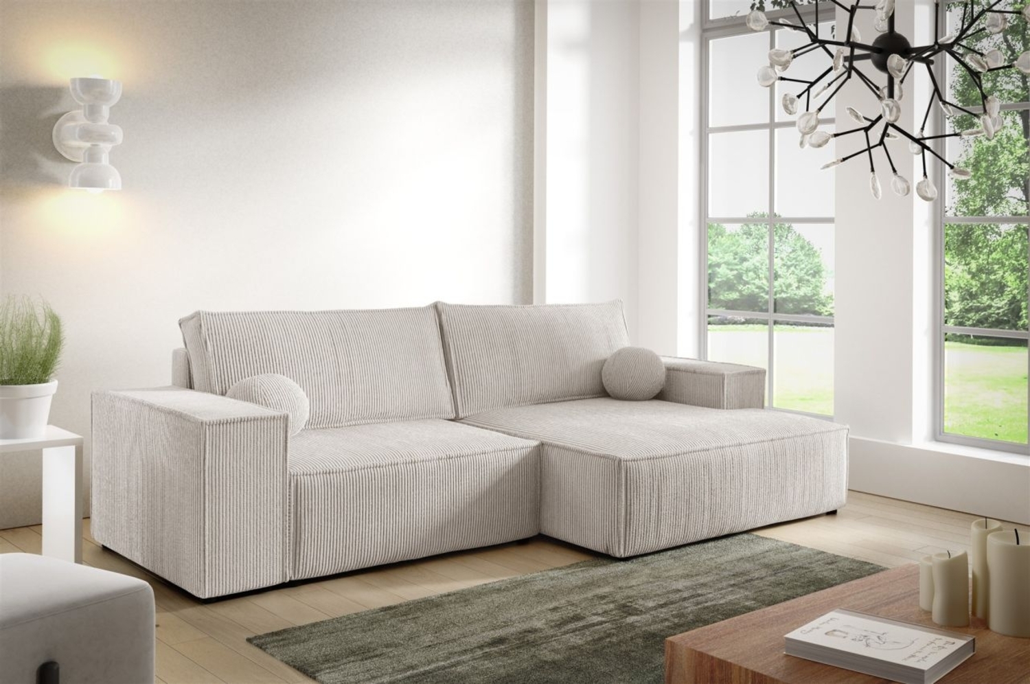 Ecksofa Schlafsofa CORUNIA XS Stoff Poso Altweiß Ottomane Rechts Bild 1