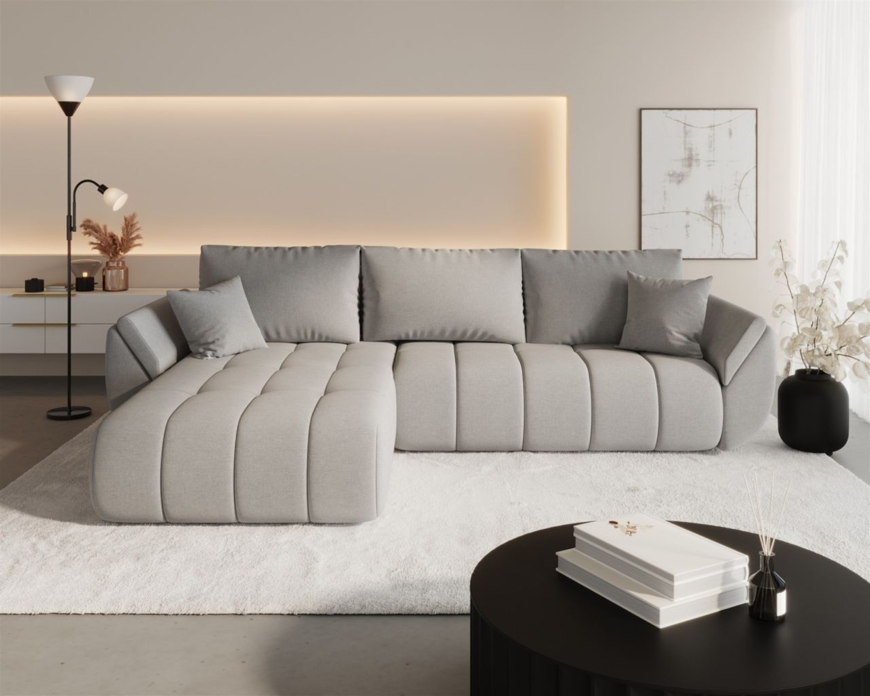 Ecksofa Schlafsofa MISATO Stoff Wind Hellgrau Ottomane Links Bild 1