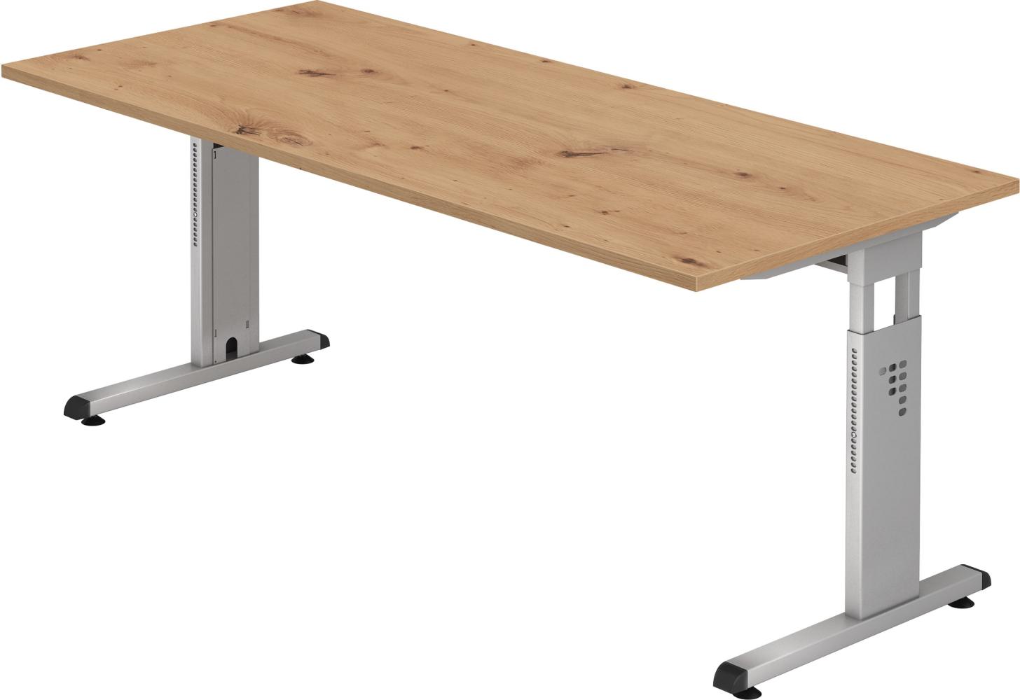 bümö höhenverstellbarer Schreibtisch O-Serie 180x80 cm in Asteiche, Gestell in Silber - großer PC Tisch für's Büro manuell höhenverstellbar, Computertisch verstellbar, OS-19-R-S Bild 1