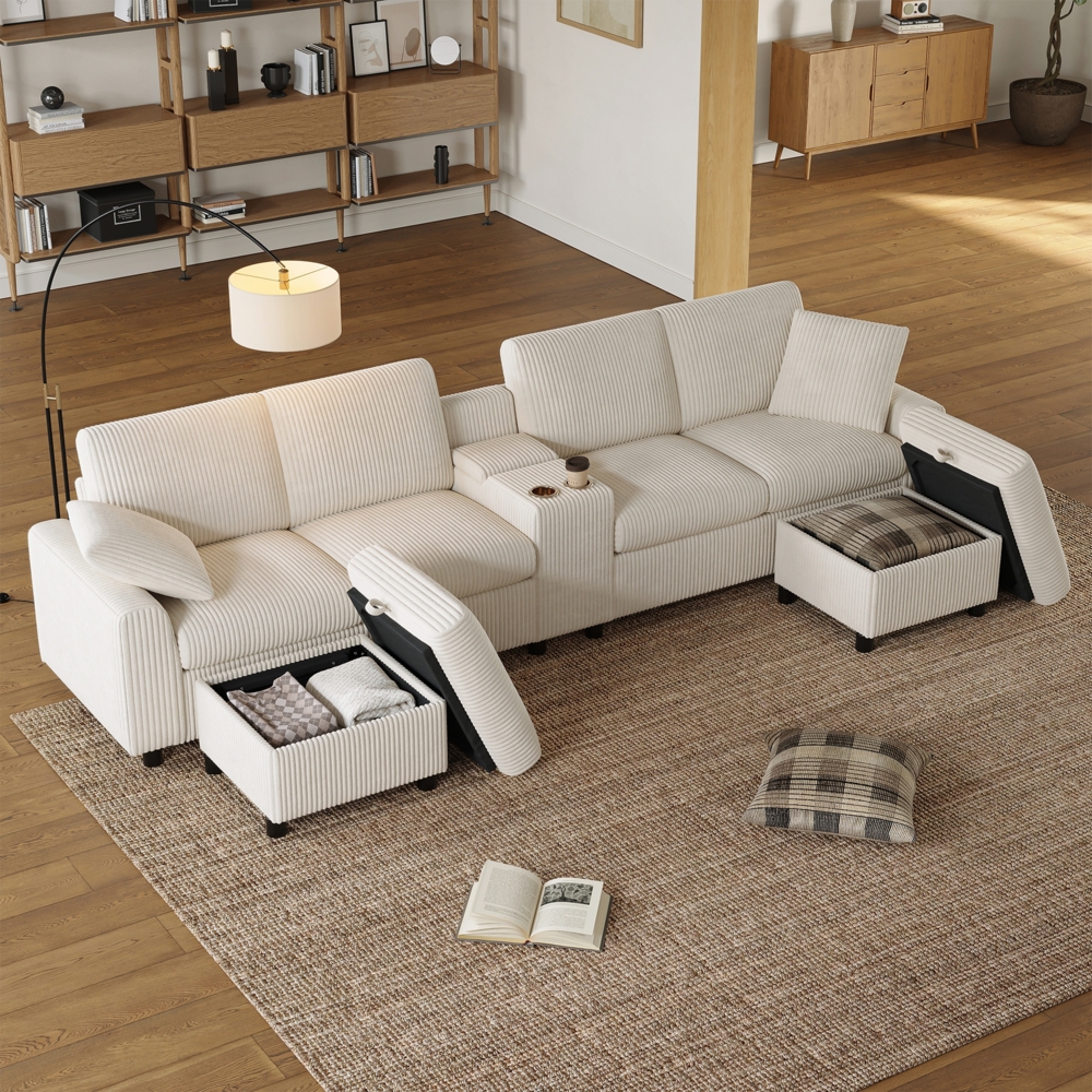 Merax B315×T135cm U-förmiges Sofa aus Corduroy, inklusive 2 Fußhockern mit Staufunktion, Couchtisch, 2 Getränkehaltern, 1 USB-Anschluss, 2 Steckdosen und 2 Type-C-Anschlüssen, beige Bild 1