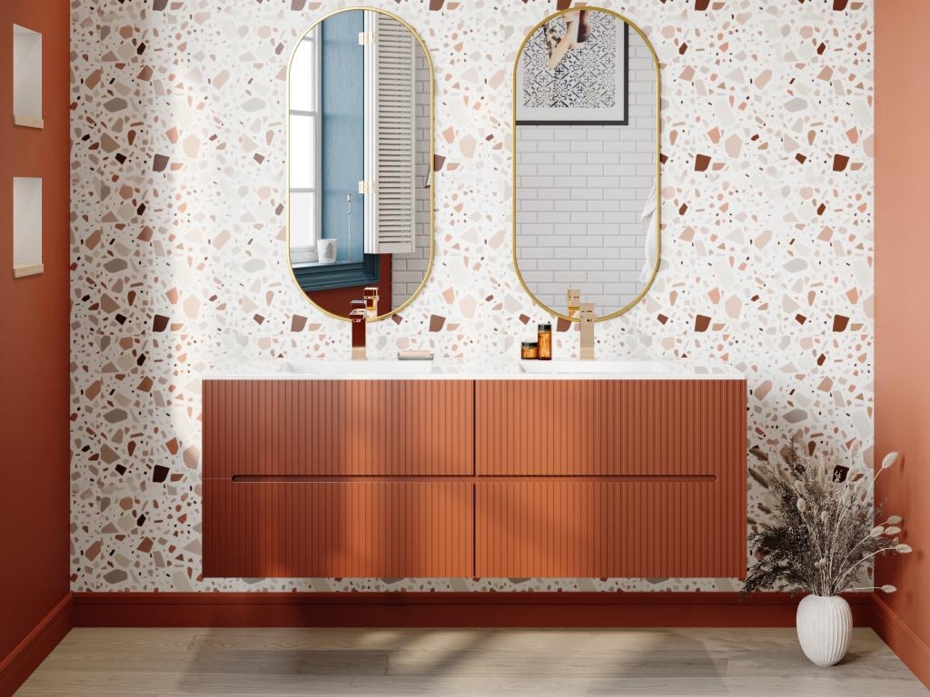 Vente-unique - Waschbeckenunterschrank hängend - Terracotta gerippt - 150 cm - PAVANI Bild 1