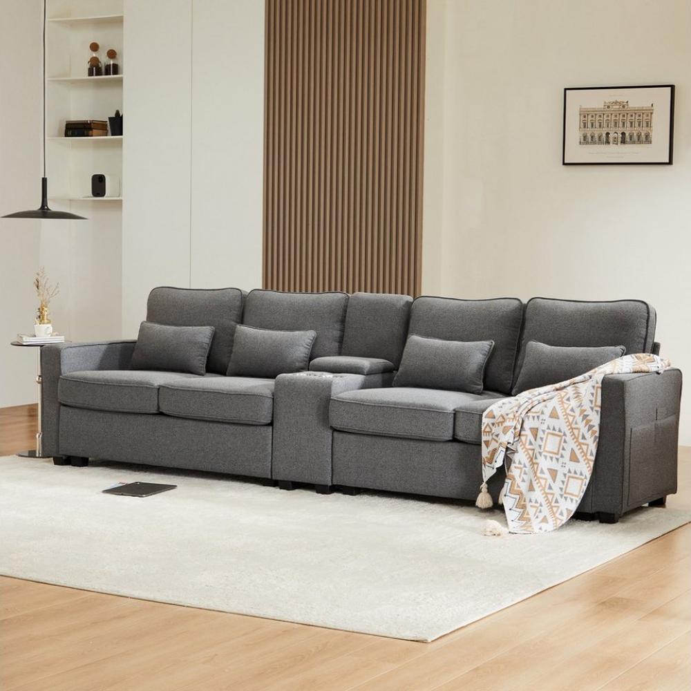 HAUSS SPOLE Ecksofa Schlafsofa mit 4 Kissen, Seitentaschen, Hochelastischer Schwamm, mit Konsole, 2 Getränkehaltern, 2 USB-Anschlüssen zum Aufladen mit Kabel, mit Armlehnentaschen und 4 Kissen, einfaches Sofa für Wohnzimmer, Wohnung, Büro Bild 1