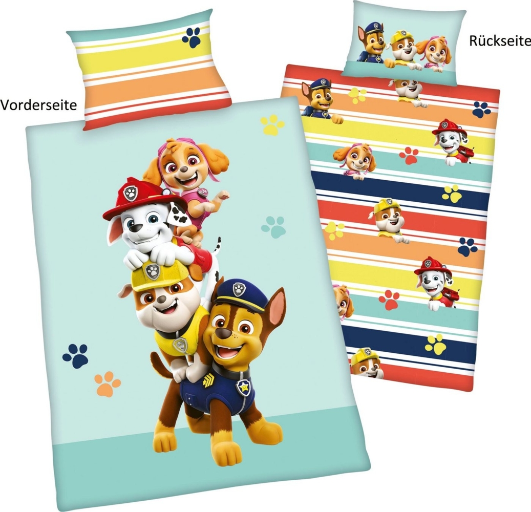 Herding Paw Patrol Bettwäsche-Set, Made in Green, Kopfkissenbezug 40 x 60 cm mit Hoteleinschlag, Bettbezug 100 x 135cm, Mit Knopfverschluss, 100% Baumwolle/Flanell Bild 1