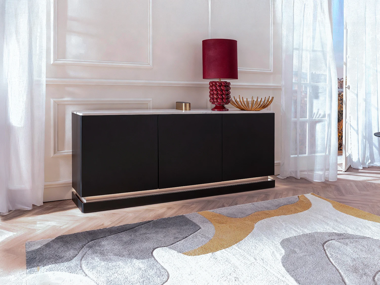 Vente-unique - Sideboard mit 3 Türen - Mit LED-Beleuchtung - MDF - Schwarz & weiße Marmor-Optik - DEVIKA von Pascal MORABITO Bild 1