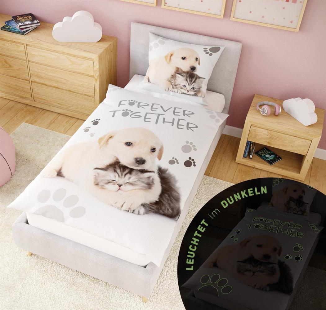 Carpe Sonno Kinderbettwäsche 135x200 - Leuchtende Bettwäsche für Kinder - Tiere Kids - Welpe, Katze, Renforcé, 2 teilig, Bettbezug für Kinder 100% Baumwolle, Bettzeug GLOW IN THE DARK Bild 1