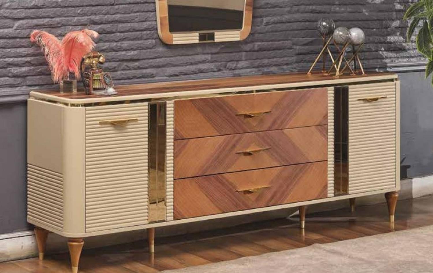 Casa Padrino Luxus Art Deco Sideboard Beige / Braun / Gold 200 x 42 x H. 72 cm - Edler Massivholz Schrank mit 2 Türen und 3 Schubladen - Art Deco Möbel - Luxus Möbel Bild 1