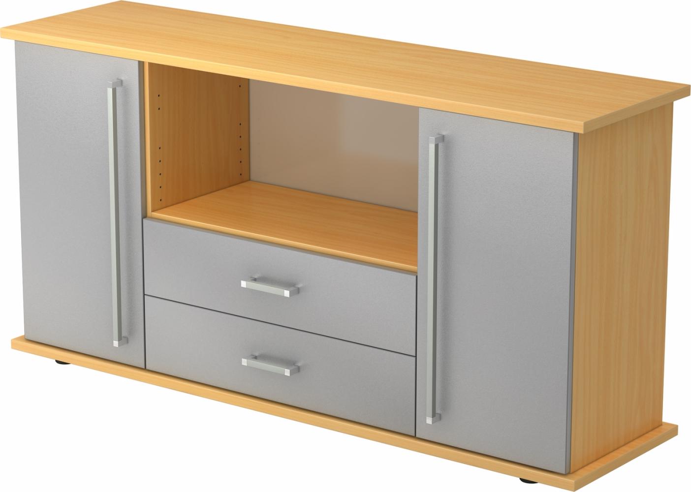 bümö Sideboard Buche/Silber mit Flügeltüren & Regal - Büromöbel Sideboard mit Schubladen Holz 166cm breit, 45cm schmal, Büro Schrank für Flur oder als Wohnzimmer-Kommode mit Chromgriff, SBTS-6-S-CE Bild 1