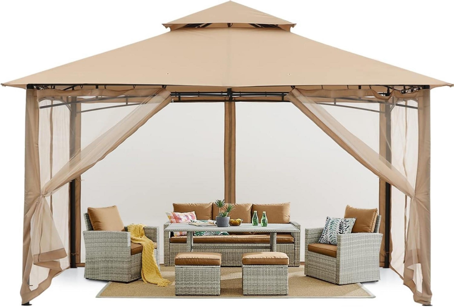 Gartenpavillon Doppeldach 3x3,6m mit 4 Netz, Khaki Bild 1
