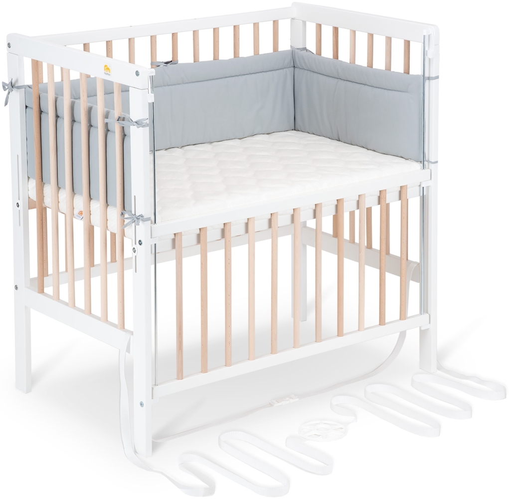 FabiMax Beistellbett Boxspring Flex weiß / natur inkl. Matratze Classic und Nestchen grau Bild 1